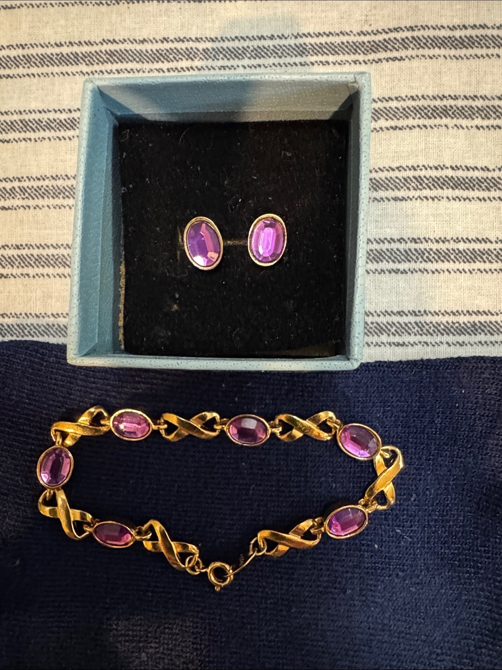 Gold-Tone Bracelet and Stud Earrings Set with Purple Stones